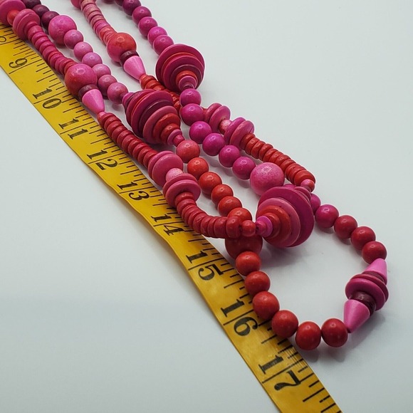 Pink Wooden Beaded Necklace 2 Strands Womens Fashion Jewelry Boho Festival - Picture 5 of 6